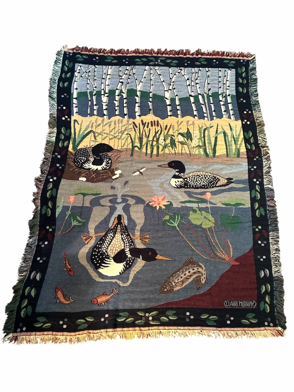 Vintage 90s LL Bean Woven Tapestry Throw Blanket Claire Murray Loons Birds Lake